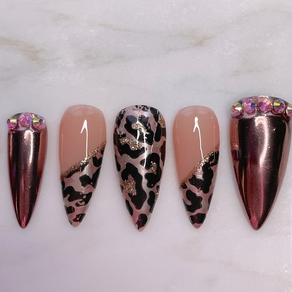 Press On Nails Custom made, Rose Gold Chrome & Leopard Print